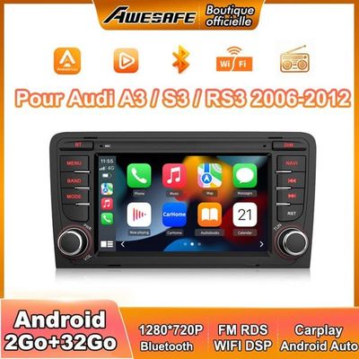 AWESAFE Android bilradio för Audi A3 8P S3 RS3 Sportback [2Go+32Go], 7 Tum Pekskärm med GPS Carplay Android Auto, Wi-FI
