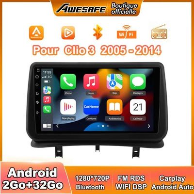 AWESAFE Bilradio Android 2Go+32Go för Renault Clio Ⅲ 2005-2014 med 9'' pekskärm Carplay GPS WiFi Bluetooth Android Auto