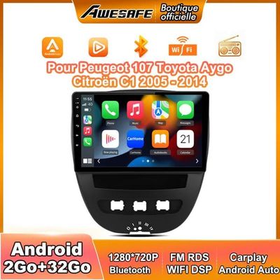 AWESAFE Autoradio Android 2Go+32Go til Peugeot 107 Toyota Aygo Citroën C1 10 Tommer med Carplay GPS WiFi Bluetooth Android Auto