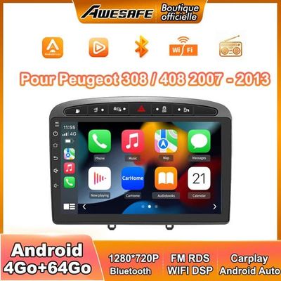 AWESAFE Autoradio Android 13 för Peugeot 308/408 (2007-2013) 4Go+64Go 9'' Pekskärm GPS Android Auto WiFi Grå