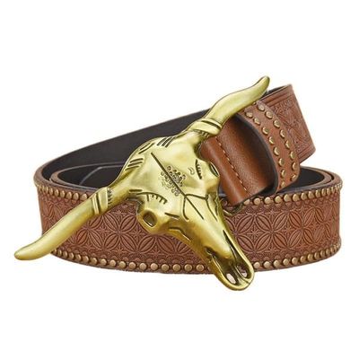 PIECE Western Cowboy Bältesspännen för män PU Läder Spännbälte Vintage Tjurskalle Bälte 125cm/4.1ft