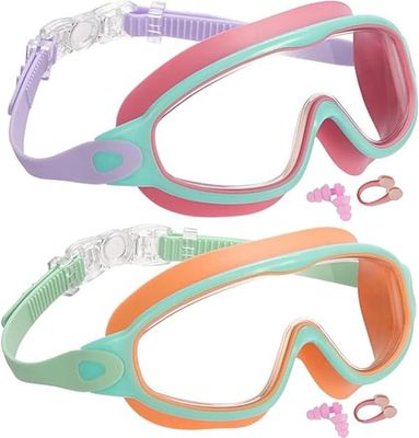 Pakke Børnesvømmebriller UV-beskyttelse Anti-dug til Pool og Hav til Drenge og Piger 3-15 År - Pink og Grøn & Orange-Grøn