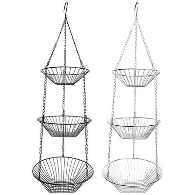3-vånings frukt- och grönsakskorg, svart järn, retrostil, 28 cm + 25 cm + 23 cm (H: 86 cm), för upphängning eller placering på bänken - svart