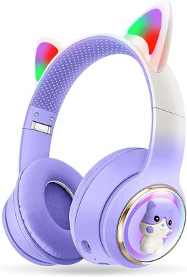 Børne Bluetooth Hovedtelefoner, Sammenklappelige, Pink, Til Drengebrug, Katteøre LED Lys Børne Trådløse Hovedtelefoner med Mikrofon, TF Kort
