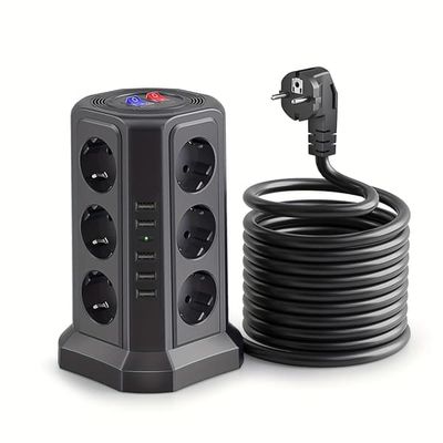 Tornförlängningskabel med USB-portar 1,8 m och 18 W USB C-snabbladdare, 5 USB-portar och 12-vägs tornförlängningskabel, överspänningsskydd