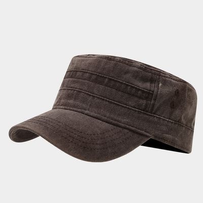 Unisex Cadet Army Hood – Vintage tvättad bomull militärkeps – Justerbar platt toppkeps – Brun