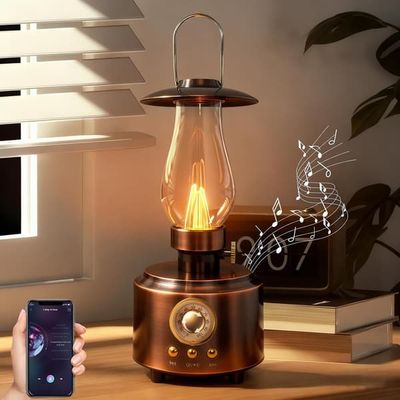 Vintage Petroleumslampe Med Bluetooth Højttaler - Genopladelig LED - Trinløst Dæmpbar - Vandtæt - Til Soveværelse Og Camping - Vintage Kobber