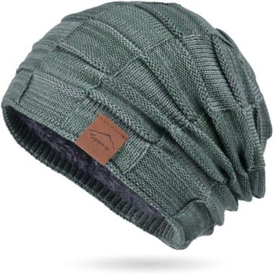 Ternet damehue, åndbar strikket herrehue, blødt fleecefor, løs strikhue, unisex vinterhue, klassisk unisex efterår/vinter/forår, Grøn