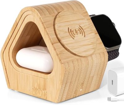 Pro) – MagSafe-yhteensopiva, Apple-yhteensopiva bambuinen langaton latausasema: 3-in-1 mökkityylinen latausteline yhteensopiva iPhonen kanssa