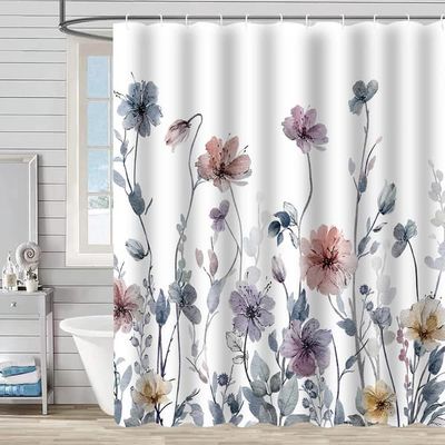 Skimmelresistent badeforhæng, 180 x 200 cm, akvareltryk med planteblade, vaskbart, vandtæt, med kroge, Stil 23, 180*200cm