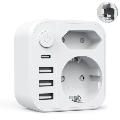 Reseadapter Storbritannien-adapter, engelsk stickproppsadapter med 4 USB-portar (2 A + 2 C), Typ G-adapter lämplig för Storbritannien, Irland, Dubai, Maldiverna-Vit