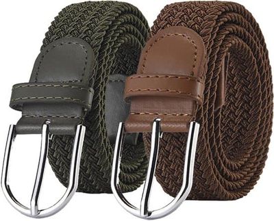 2 stycken unisex elastiskt bälte, flätat bälte för män och kvinnor, tyg, 3,3 cm brett, 107 cm långt, armégrönt - mörkbrunt
