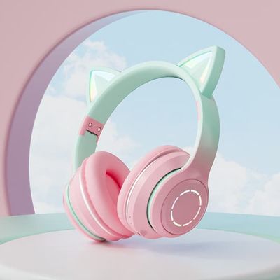 Kat-øre-hovedtelefoner - Trådløse gaming-headsets via Bluetooth 5.1/3.5 mm AUX-kabel, foldbare hovedtelefoner med 7 farver LED-belysning og 4 LED-tilstande til