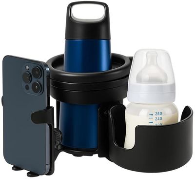 3-i-1 universal kop- og telefonholder, klapvogne, cykler og kørestole, holder til mobiltelefon, drikkevare, flaske, kaffekop, justerbar