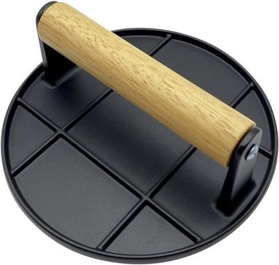Hamburgerpress i gjutjärn - Värmebeständig - Hamburgerpress - BBQ-tillbehör - 16 cm rund köttpress - Värmebeständigt trähandtag