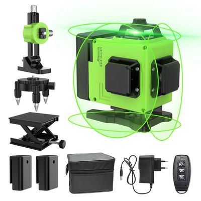 360° x 4 laserniveau - Selvnivellerende grøn laserniveau til byggepladser med lodrette og vandrette 3D-krydslinjer - IP54 - Grøn