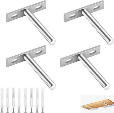 4-delat set - Väggfäste - Flytande hyllkonsoler - T-formad konsol - Dold hyllkonsol - silver - 4 delar