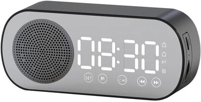 Digitalt vækkeur - Bluetooth-højttaler - Premium vækkeur - med LED-spejlskærm - To højvolumenalarmer - Digitalt urradio - Sort