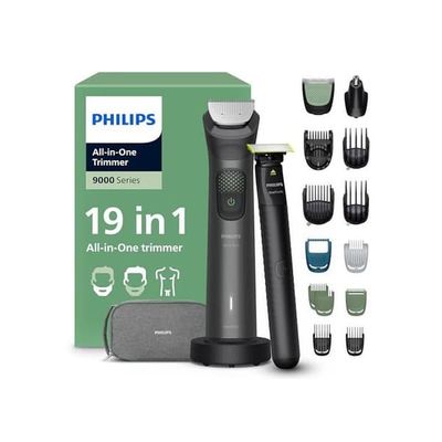 Philips Multigroom serie 9000 Allt-i-ett trimmer 19 tillbehör + OneBlade rakapparat för män - trimmer/rakapparat set