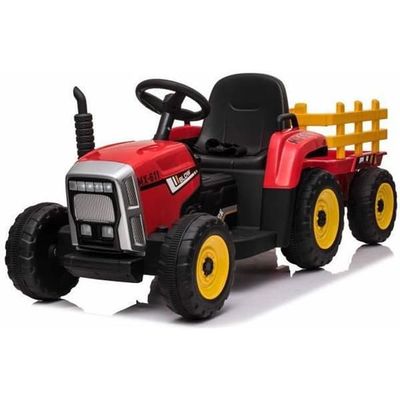 Elektrisk traktor WORKERS med släpvagn, röd, bakhjulsdrift, 12V batteri, plast hjul, bred sits, 2,4 GHz fjärrkontroll.