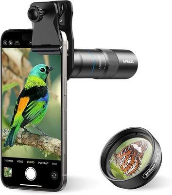 APEXEL 10X Tele-Macro Pro Dual Lens 2-i-1, Bærbar Clip-On Telefoto Makroobjektiv for Smarttelefoner,