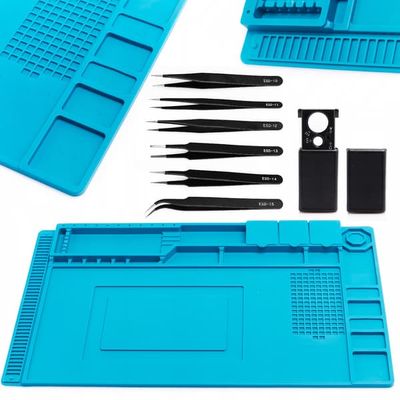 TE-501 silikon blå antistatisk matta 450x300mm med 6 pincetter och förstoringsglas