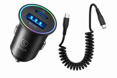 SiGN 60W Biloplader med Spiral USB-C til USB-C Kabel – Sort