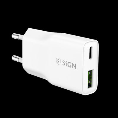 SiGN GaN Ultra Slim Hurtigoplader USB-A & USB-C, PD & QC3.0, 3A, 20W – Hvid