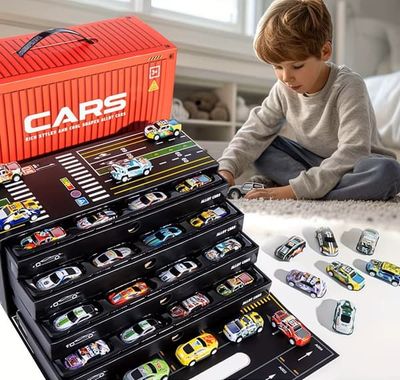 48 Pullback Racerbiler, Tøffe og Supersnelle + Bane i Gaveeske. Fra 3 år+