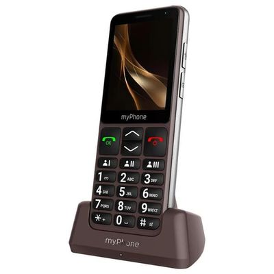 Telefon Senior med minnesknappar, autonomi 18 dagar, laddningsstation myPhone, Brun