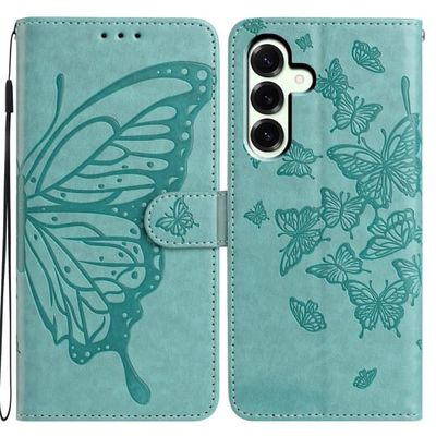 Samsung Galaxy A17-etui med sommerfuglmotiv, vegansk lær, flip-telefonetui med stropp - Grønn