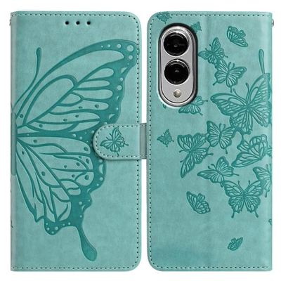 Samsung Galaxy S25 Edge-etui med sommerfuglmotiv, vegansk lær, flip-telefonetui med stropp - Grønn