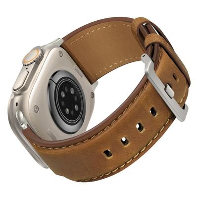 Klockarmband Apple Watch Series 1-9 49 mm - 45 mm - 44 mm - 42 mm Äkta ko-läderarmband - Rödbrun / Spänne I Titan
