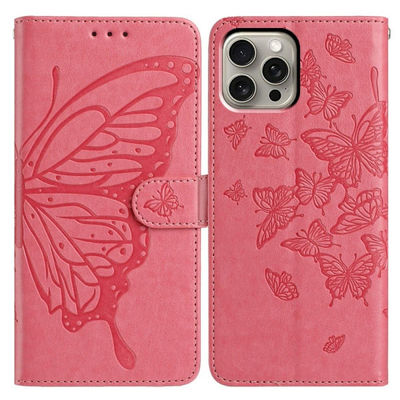 iPhone 15 Pro Max-etui med sommerfuglmotiv, vegansk lær, flip-telefonetui med stropp - Rose