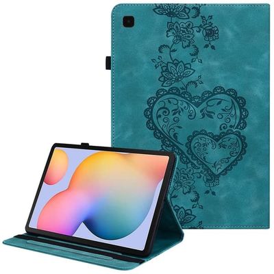 Samsung Galaxy Tab S6 Lite (2024) / (2022) (SM-P610 / 615) Lærveske med hjerteavtrykk, sammenleggbar stativ, kortspor og stylus-holder - Grønn