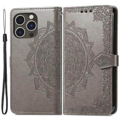 Mandala iPhone 15 Pro Flippetui - Grå