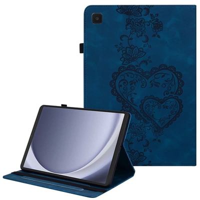 Samsung Galaxy Tab A9 læderetui med hjerteprint, foldbart stativ, kortlomme og stylusholder - Blå