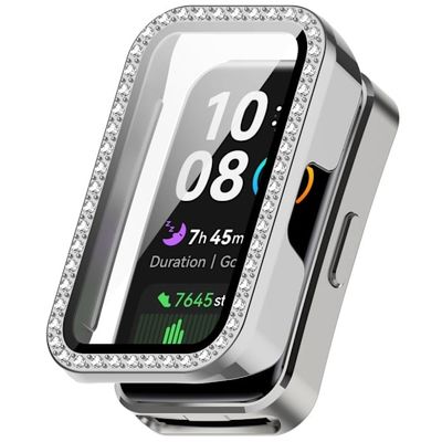 Huawei Band 10 / 9 / 8 Case Rhinestone Decor PC + Tempered Glass Film Protective Watch Cover - Silver