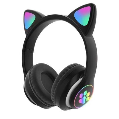 Svarta trådlösa hörlurar med kattöron för skolan, Bluetooth-headset med mikrofon för barn, tonåringar, kvinnor, On-Ear flickhörlurar