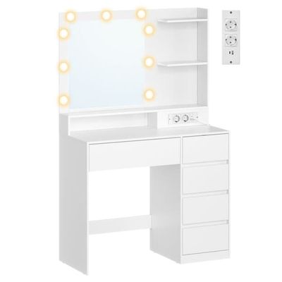 Sminkbord med spegel, LED-belysning, eluttag och 5 lådor, 80 x 40 x 144,3 cm, vit