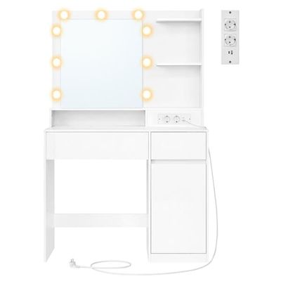 Sminkbord med spegel, belysning, laddstation och 2 lådor, vit