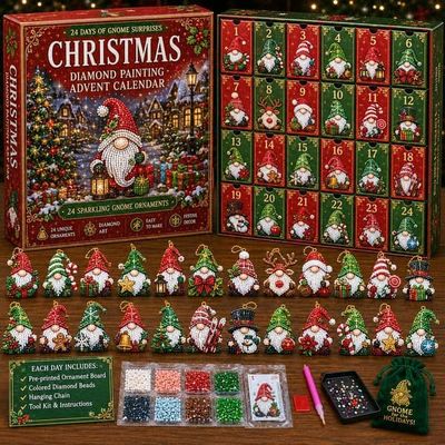 Julekalender 2026, 24 dages overraskelser, DIY diamantmaling hobbysæt med julemand, julepynt, perler og værktøj, jule-nedtælling