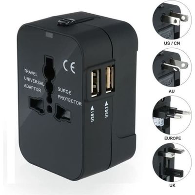 Universell reseadapter, US EU UK AU med 2 USB-portar för kameror, mobiltelefoner, surfplattor, iPads, svart