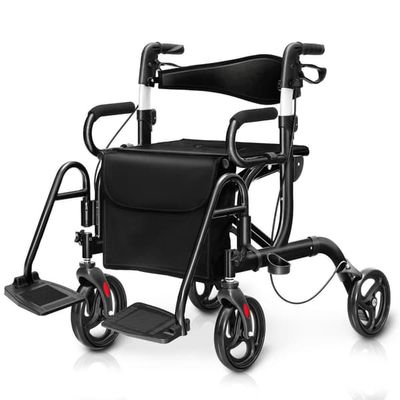 Rollator sammenleggbar og lett med sete 2 i 1 rullestol og reiserollator ganghjelp 6-veis høydejusterbar
