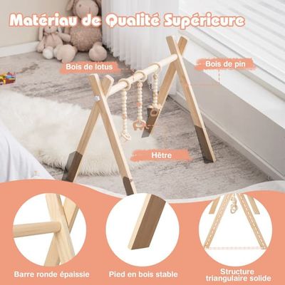 Træbabygym, foldbart, 3 hængende legetøj, 60x44x60 cm