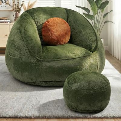 Enkeltsofa med hynde og fodskammel (120x110x80 cm), lænestol med sidelomme, komfortabel læsestol til stue og soveværelse, grøn