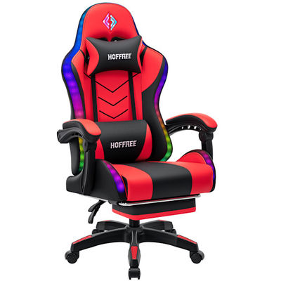 Hoffree Gamingstol med RGB LED och Bluetooth, Ergonomisk Datorstol med Massagefunktion, Fotstöd och 180° Lutningsfunktion, Röd