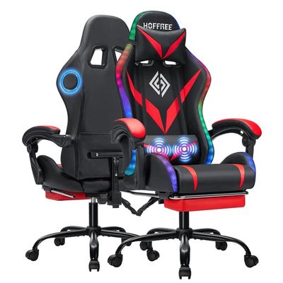 Hoffree ergonomisk spelstol med 2-punktsmassagefunktion, Bluetooth-högtalare och RGB-belysning – PC-kontorsstol, röd/svart