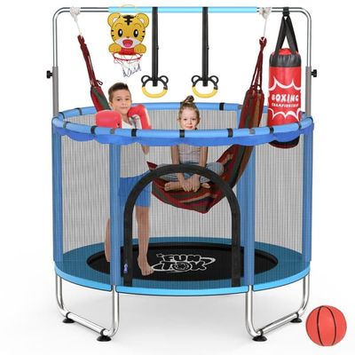 Barntrampolin 140 cm med gunga, ringset, basketkorg och säkerhetsnät – minitrampolin för inomhusbruk (upp till 200 kg) för barn i åldern 2–5, blå