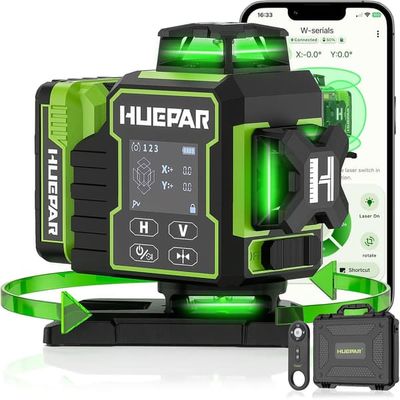 Huepar W04CG 4D laserniveau med Bluetooth-kontrol, 4x360° grønne laserstråler, roterbar base, selvnivellerende, genopladeligt batteri, IP54, 16 linjer